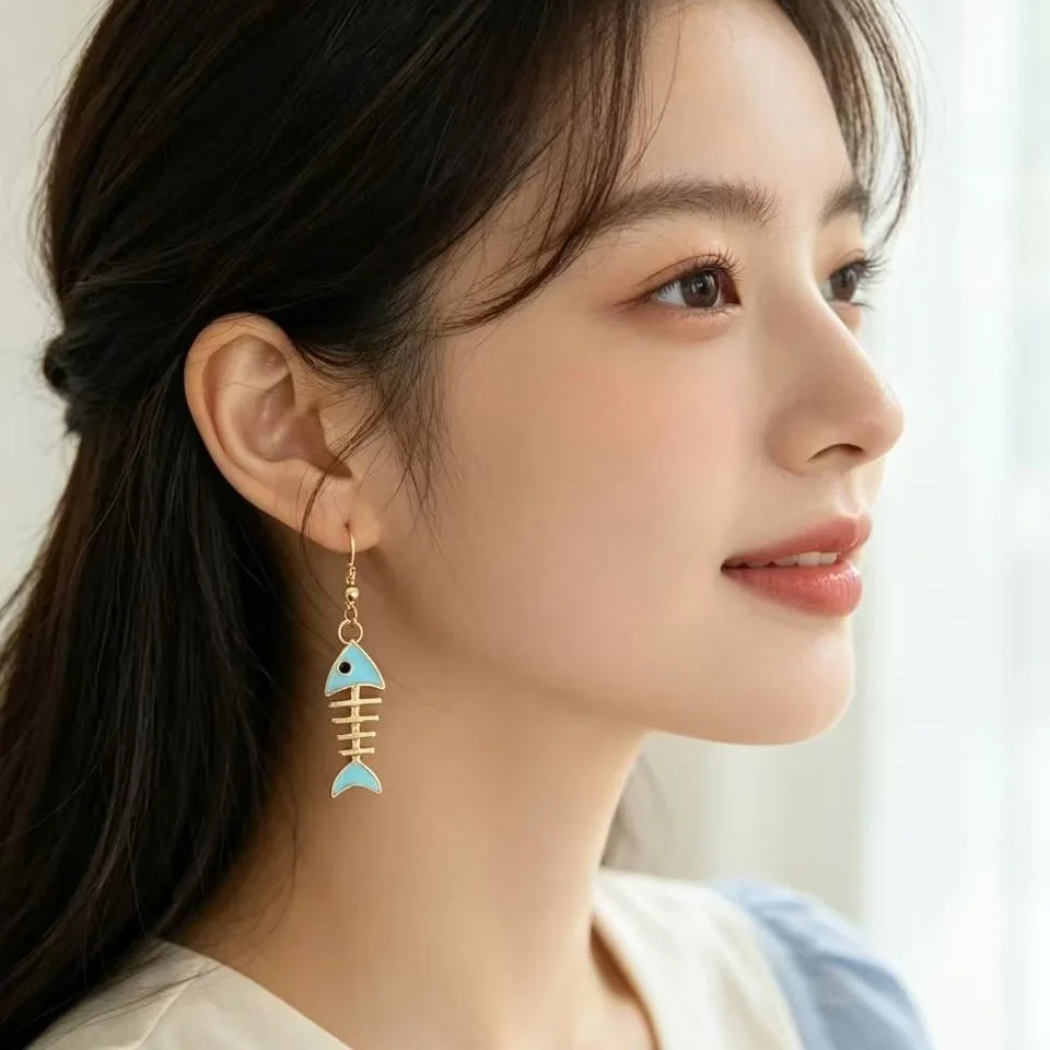 Trend Sweet Enamel Blue Color Fish Bone Shape Ocean Pendant Earrings for Women Korean Personality Jewelry Creative Accessories