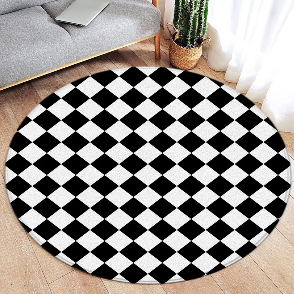 

Black and White Lattice Round Carpet Modern Diamond Geometric Pattern Nordic Mats Home Living Room Bedroom Decorative Floor Rugs