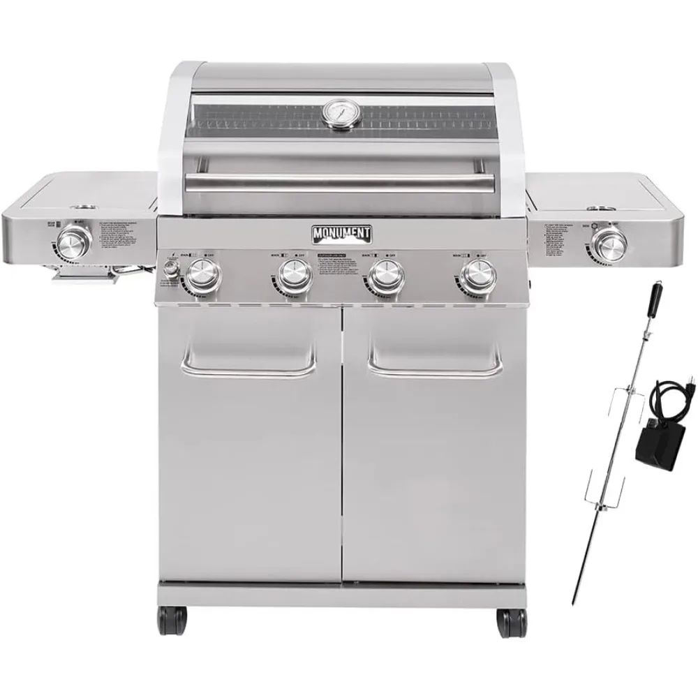 

Larger 4-burner propane gas grill, stainless steel cabinet style, with side and infrared side grills19"D x 54"W x 46"H