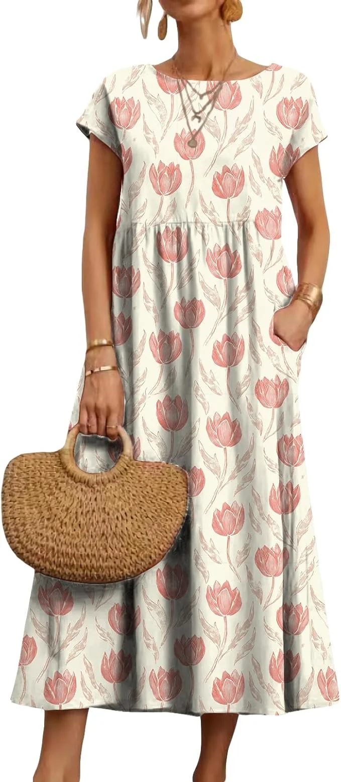 Robe mi-longue à fleurs style Boho pour femmes, vacances d'été, décontractée, fluide, plissée, manches courtes, t-shirt longue avec poches