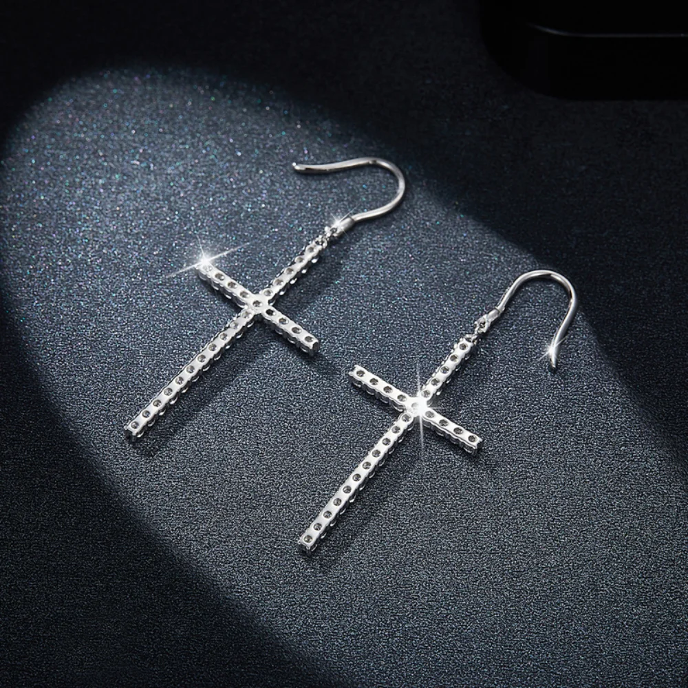 Pendientes de gota de Cruz de moissanita de 1,25 CT para hombre y mujer, aretes religiosos originales de Plata de Ley 925, pendientes colgantes de corte redondo, joyería