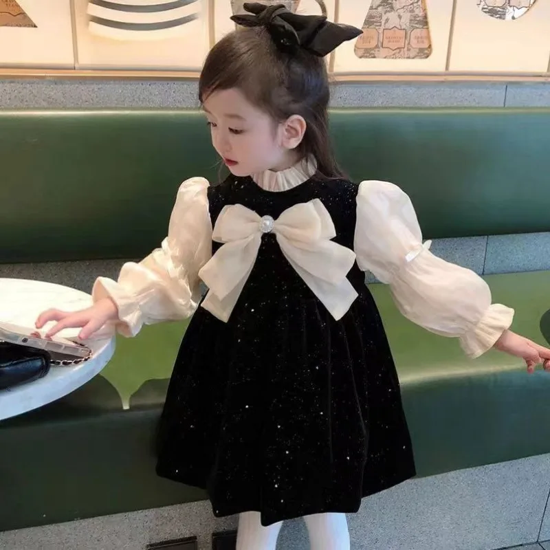 

Girls' Spring and Autumn Children's Bow Color Matching Dress Long-sleeved Baby Horn Sleeve Skirt Plus Velvet