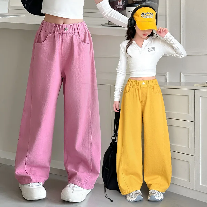 New Kids Designer Pink Yellow Jeans For Teenage Girl 5 6 7 8 10 12 14 Y Children Cotton Denim Pants Stylish Candy Color Trousers