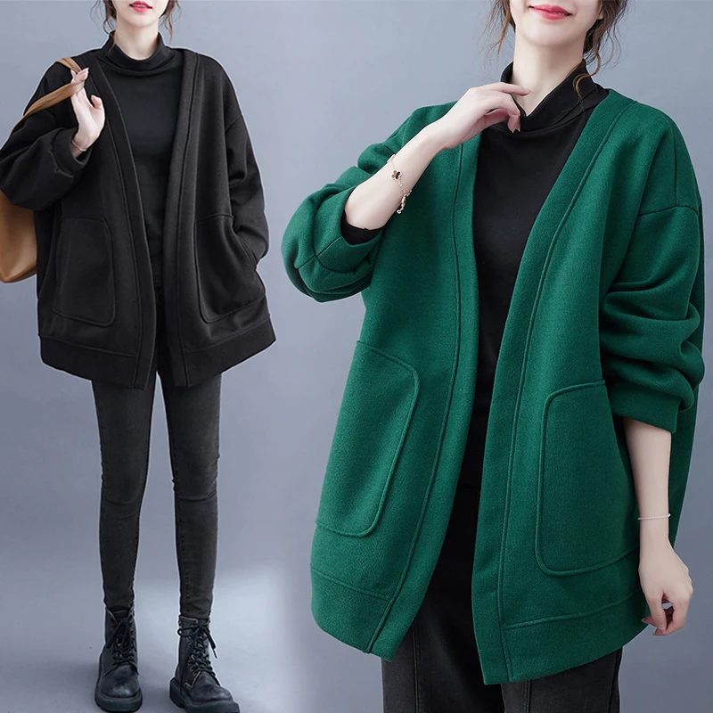 

Свободный женский кардиган-свитшот Long Sve V-Ne, осень-зима, большой размер, ленивый Sle, однотонный, в стиле пэчворк, Big ket Tren...