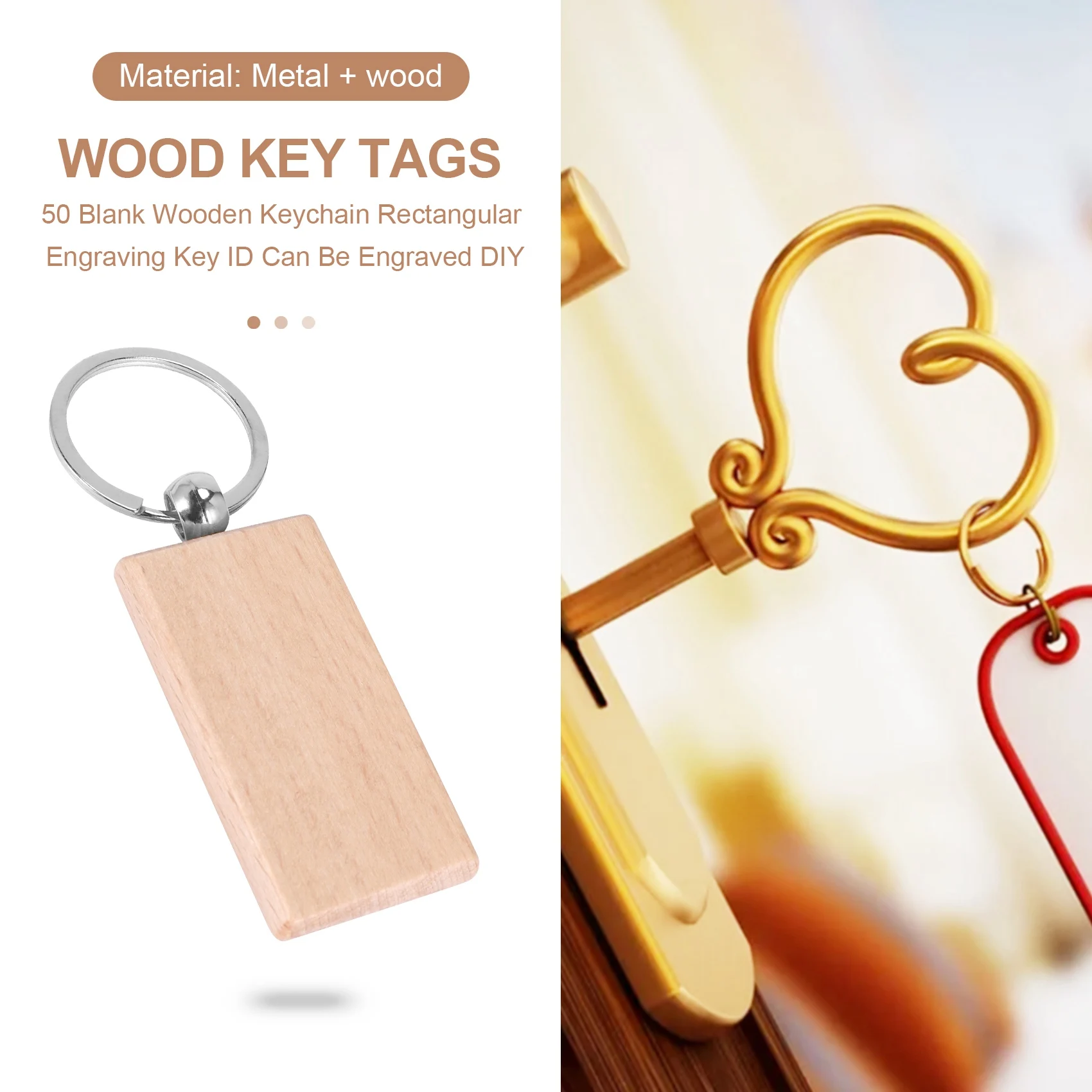 BABQ 50 Blank Wooden Keychain Rectangular Engraving Key ID Can Be Engraved DIY