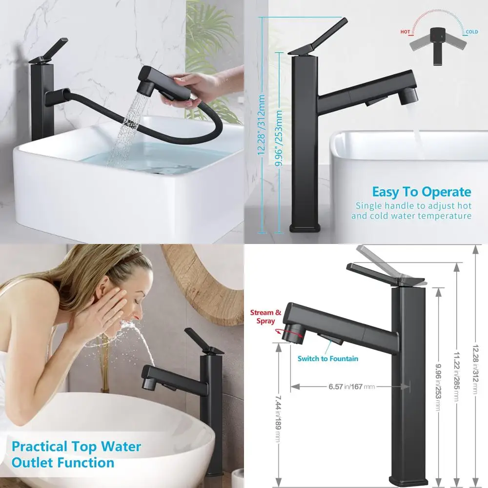 

Pull-Out Spray Tall Bathroom Sink Faucet with 3 Spray Modes, High Sink Faucets for Modern Bathrooms