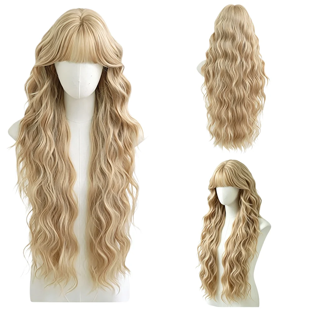 Ash Blonde Super Long Water Wave Wig with Bangs Heat Resistant Synthetic Curly Wig For Women Cosplay Halloween Party Daily Use