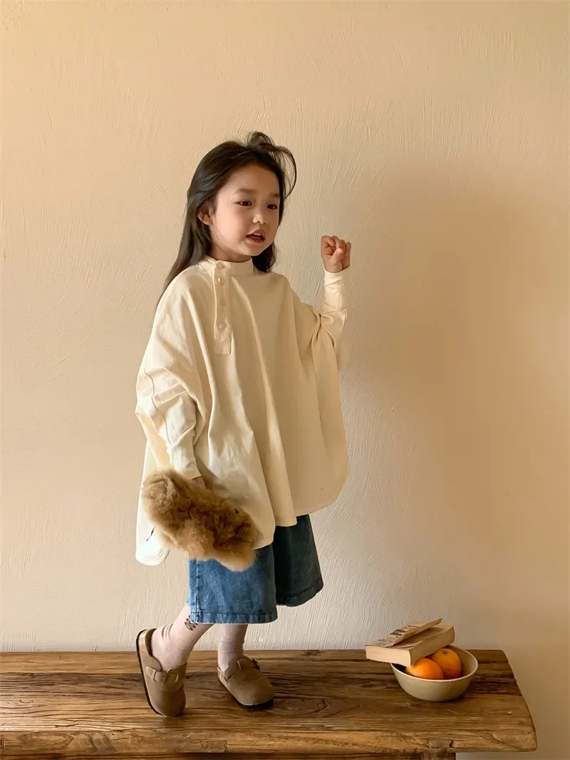 2023 Autumn New Girls\' Loose Sweater Mid-Length Cotton Fashionable Stand Collar Fashionable Children\'s Clothing