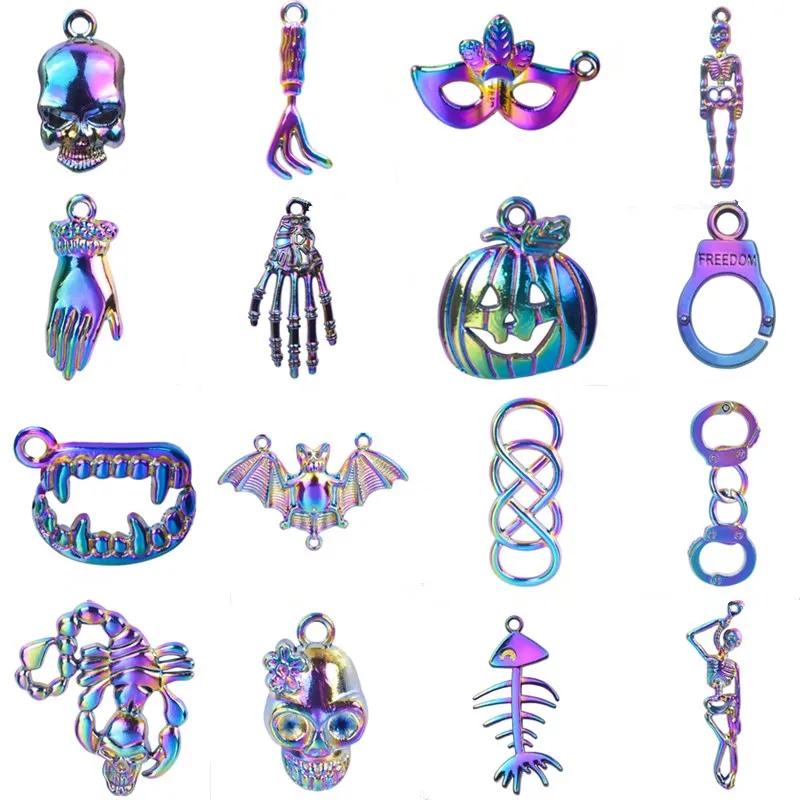 10pcs/Lot Bat Skull Charm DIY Jewelry Making Supplies Handcuffs Punk Accessories Rainbow Halloween Pendant Hand Pumpkin Material