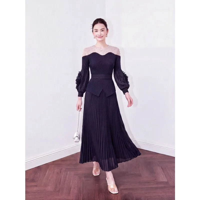 Miyake Pleated Color-Block Skirt Set 2026 Autumn New Hollow Design Floral Lantern Sleeve Dragon Scale Pleats Elegant Skirt Set