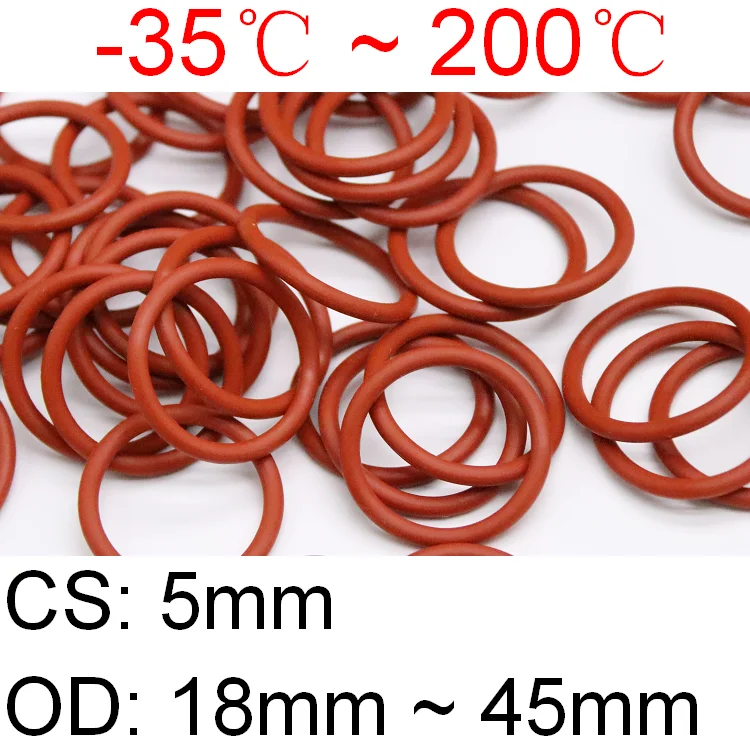 

10pcs VMQ Red Silicone O Ring CS 5mm OD 18~45mm FoodGrade Waterproof Washer Rubber Insulated Round O Shape Seal Gasket