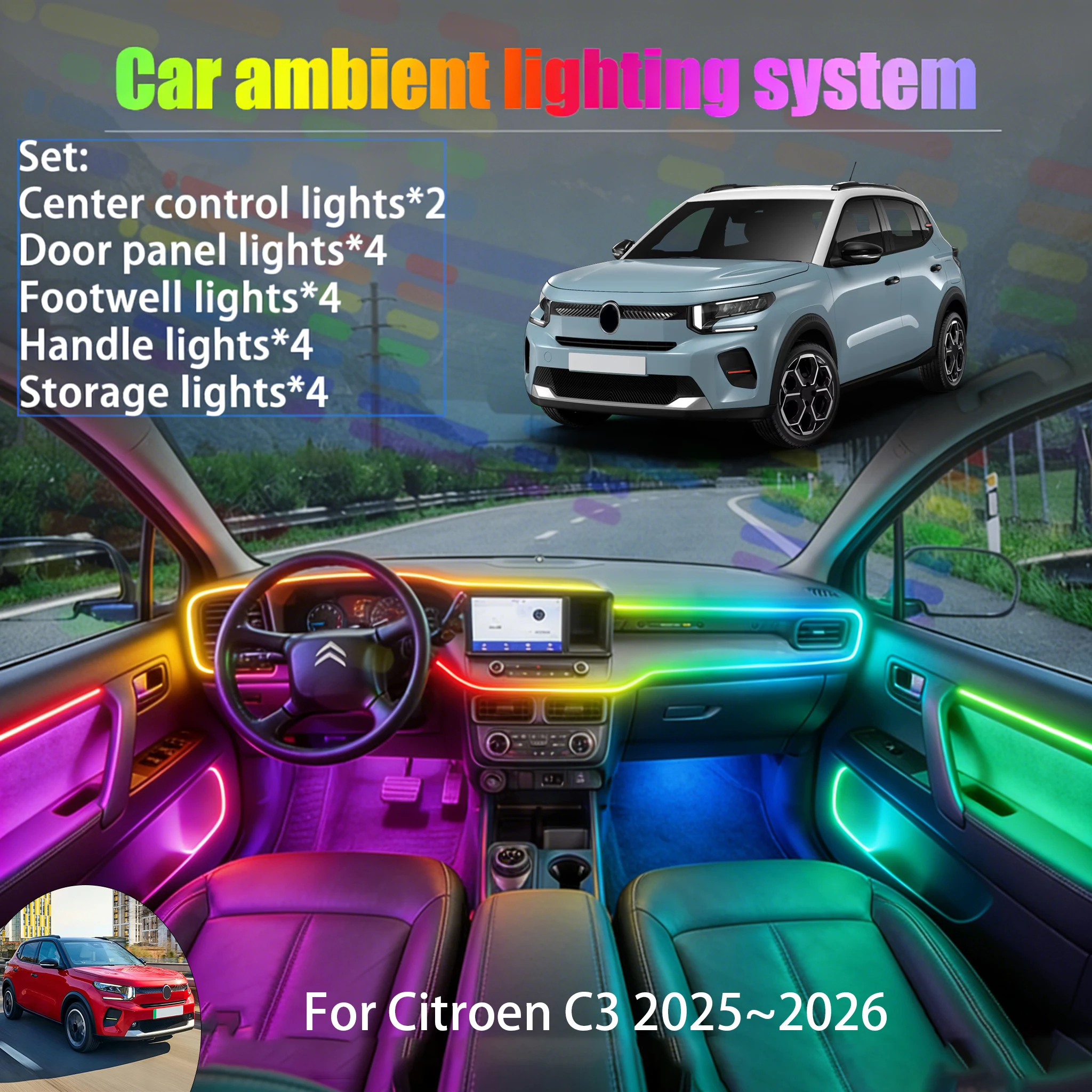 

For Citroën C3 2025~2026 MK4 2/18 in 1 Car ambient lighting Led trunk interior led lights USB RGB Ensemble Streamer Auto Parts