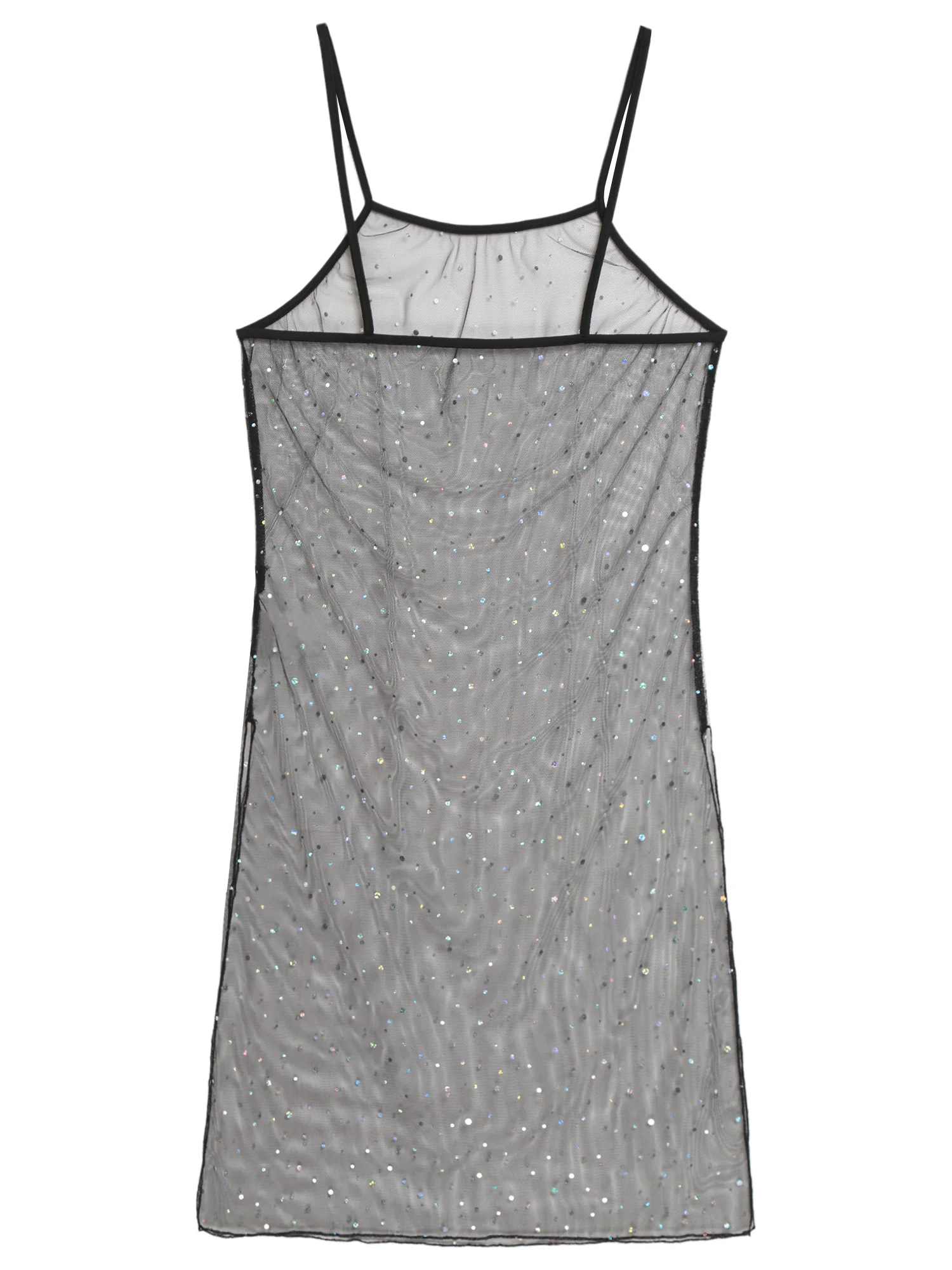 여성용 반짝이는 스팽글 시스루 메쉬 슬링 드레스 사이드 하이 슬릿 미디 드레스 비키니 수영복 커버업 드레스