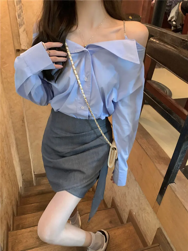 Korean Sle Loose Long Sve Chain irt Unique Chic oulder Bared Women's Top Commute Faion Button Detail Polyester Fiber