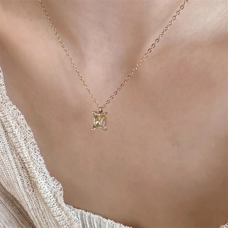 Good Quality Square Zircon Necklace 18K Gold Plated Red/Green Cubic CZ Pendant Colorful Minimalist Stainless Steel Neck Jewelry image 6