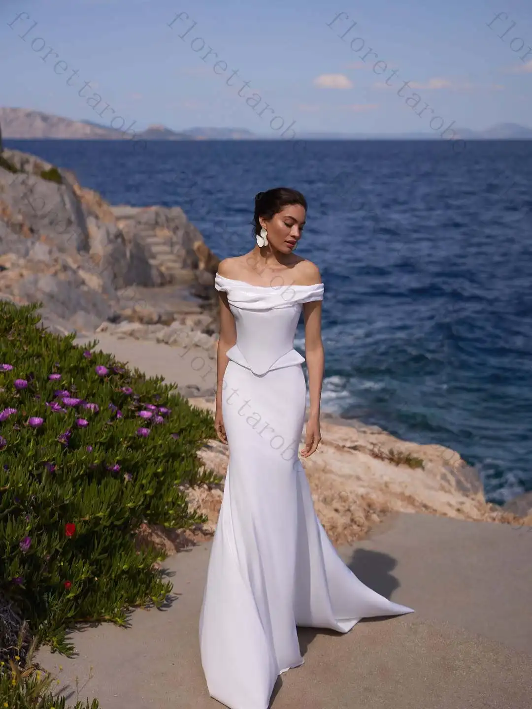 Customized Modern Popular Off The Shoulder Wedding Dresses Pleat Two Piece Elegant  Satin Mermaid Bridal Dress Custom Women Gown