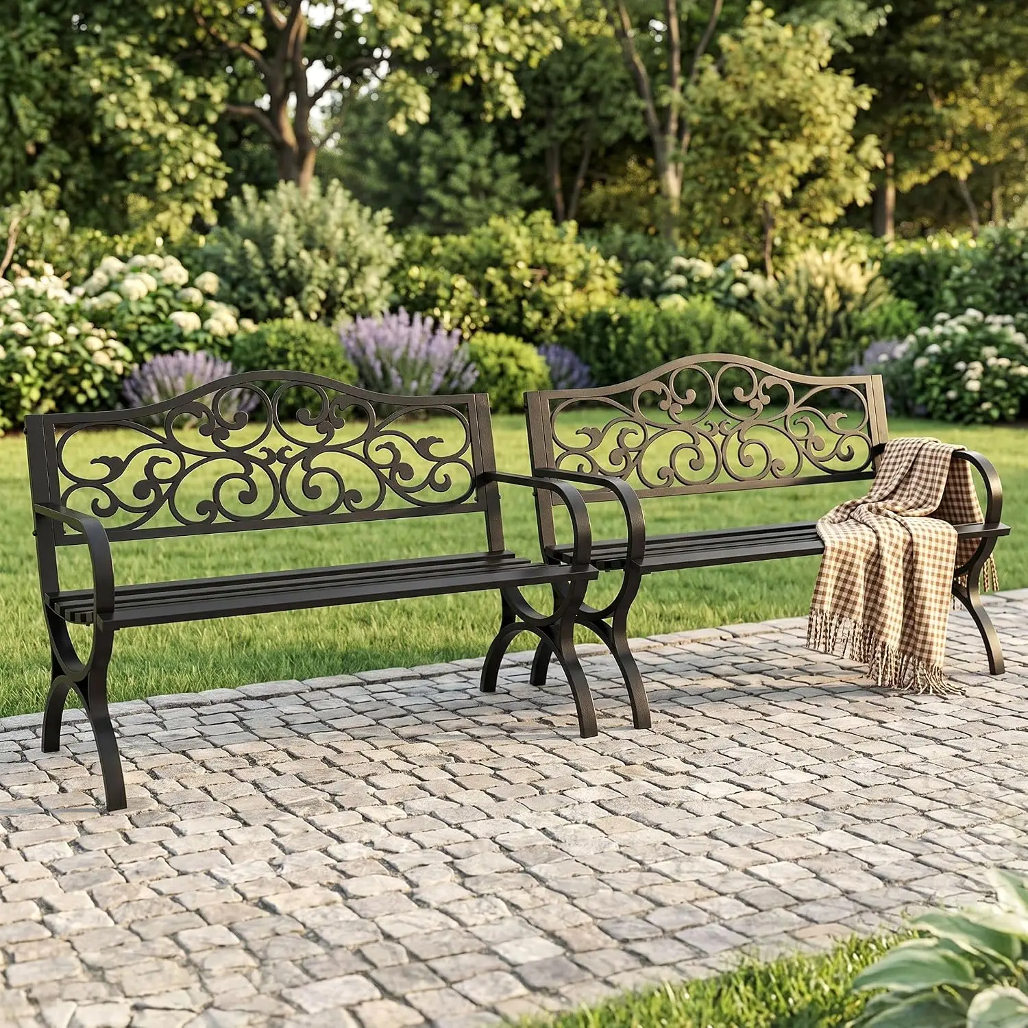 Metal Bench Set of 2, 50 Inch Black Garden Patio Bench with Floral Backrest & Arch Legs for Porch Lawn Yard, Customized