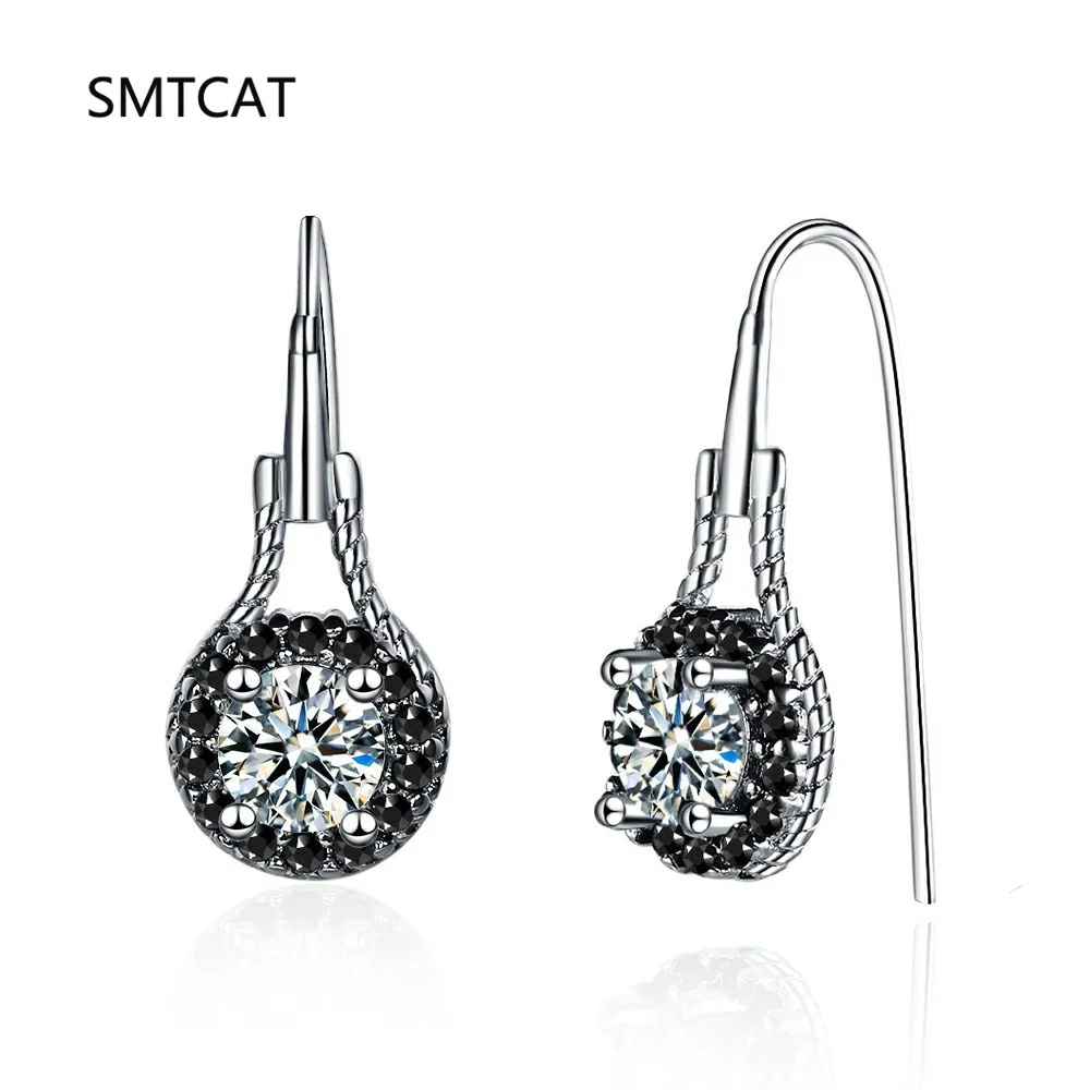 Round Genuine Black Spinel 925 Sterling Silver Geometric Drop Earrings for Women Fashion Statement Gemstone Jewelry Oorbellen