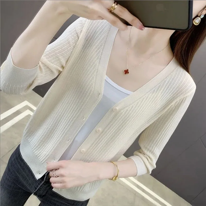 Women Clothing Fashion Solid Single Breasted Long Sleeve Cardigan Summer Casual Loose Thin V-neck Sunscreen Shirt Top 40-90Kg