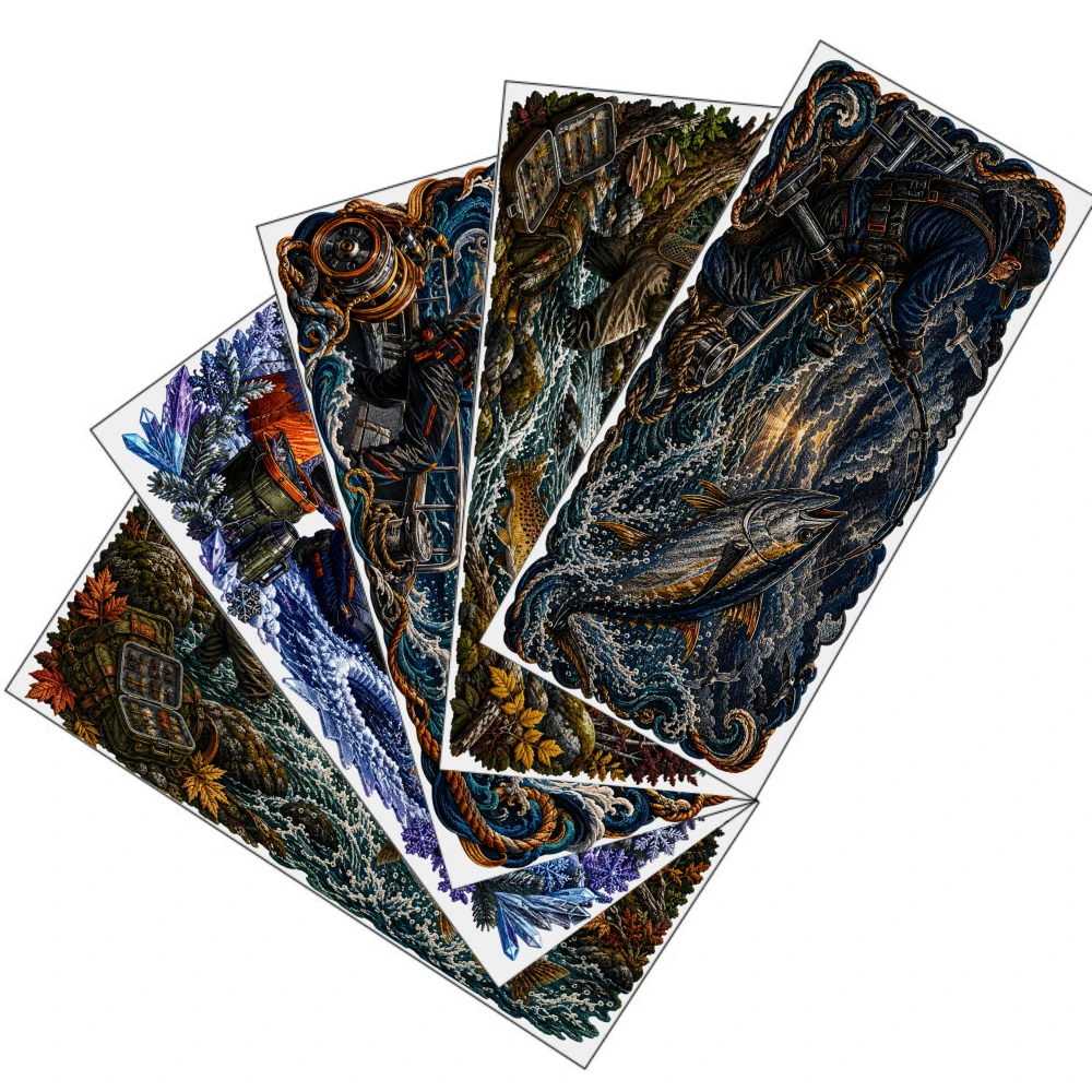 5 Sheets Fishing Adventure Scene UV DTF Stickers Waterproof Rub on Transfers Plastic Self-Adhesive Labels Waterproof Decals