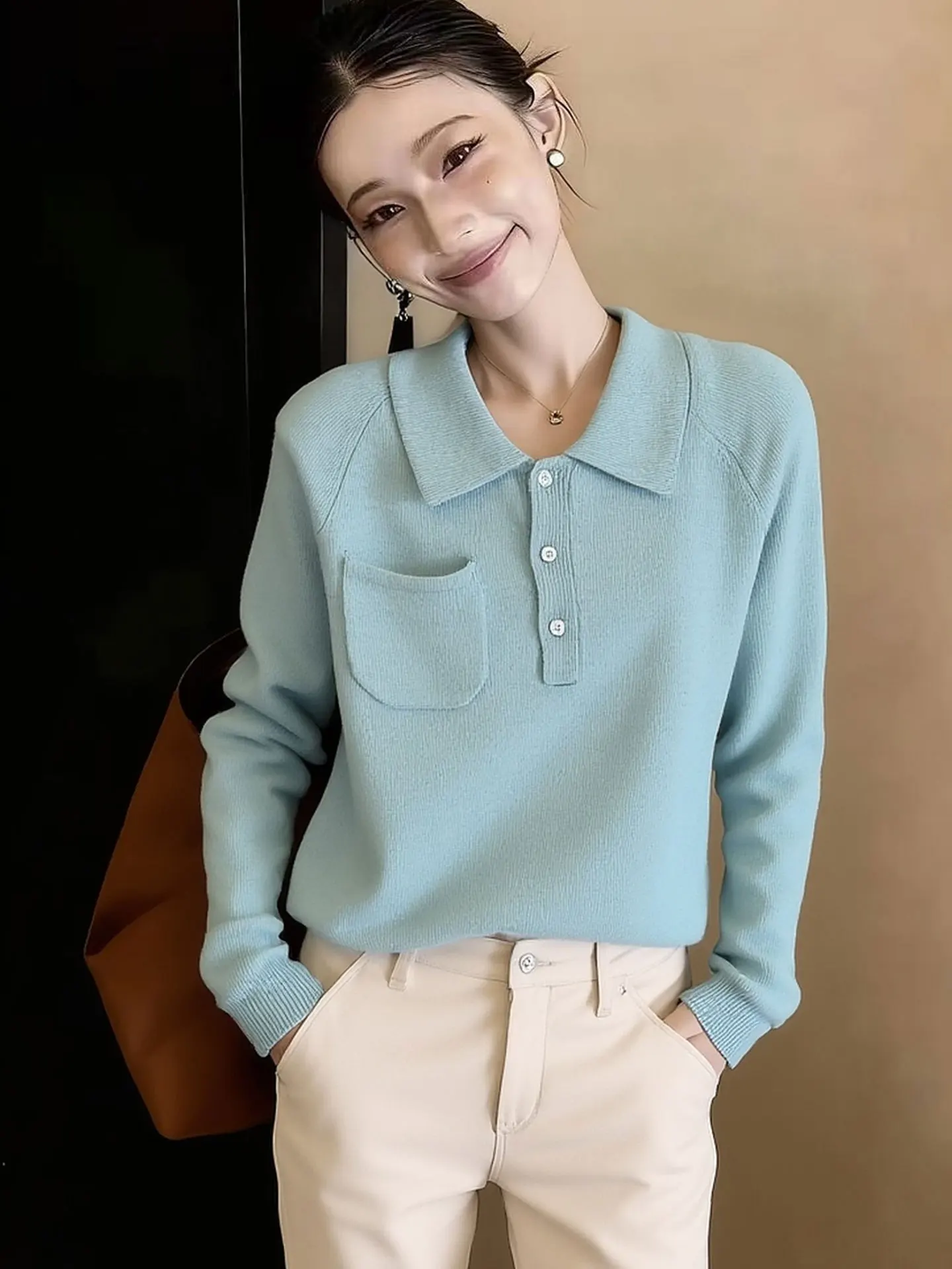 

Женский вязаный свитер Ele Pure Color с длинными рукавами и отложным воротником, универсальный базовый вариант для весны 2026, в корейском стиле, для повседневной носки