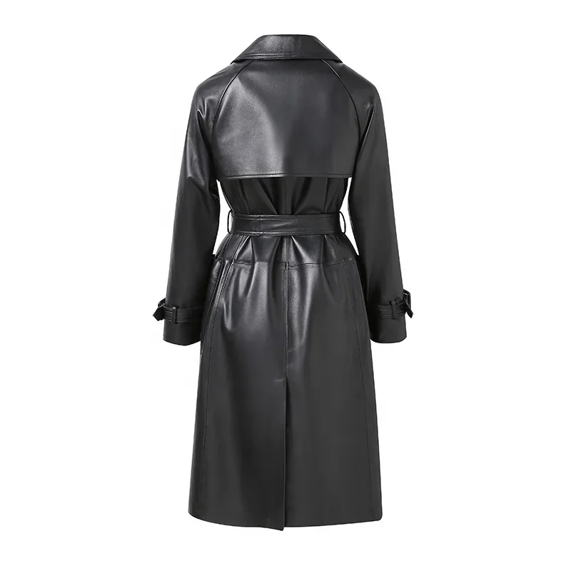 Fashion Design Autumn Winter Leather Trench Coat Real Sheepskin Long Leather Jackets Women