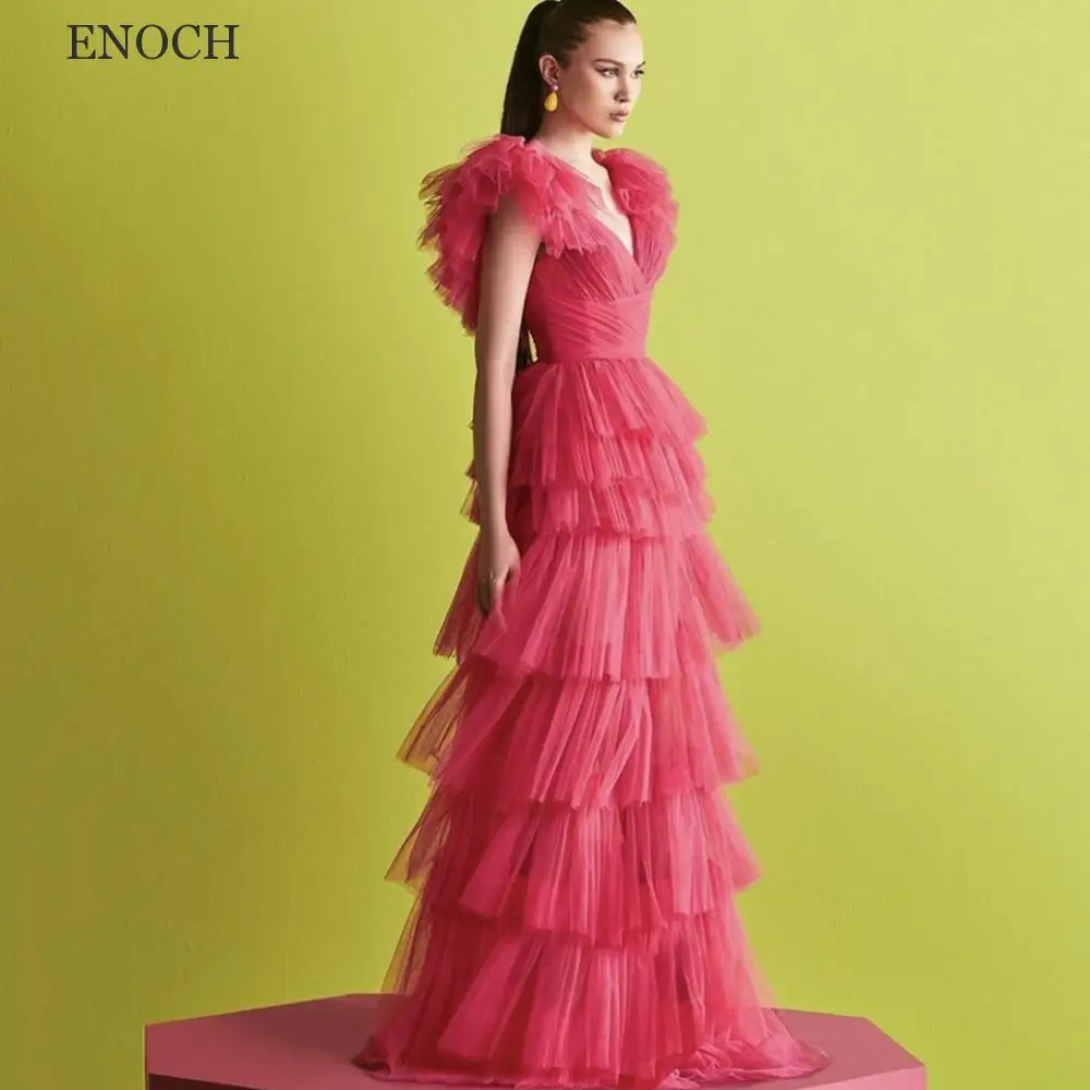 Enoch Fashion V-hals Tiered Prom Dresses Mouwloze Tule Ruches A-lijn Party Jurken Custom Made Open Back Robes De Soiree