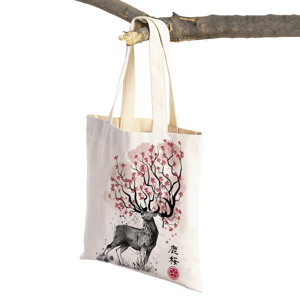 Japanese Koi Gru Japan Dream Deer Cat Sakura Women Shopping Bags Double Print Casual Canvas Eco Handbag Shopper Bag Lady Tote