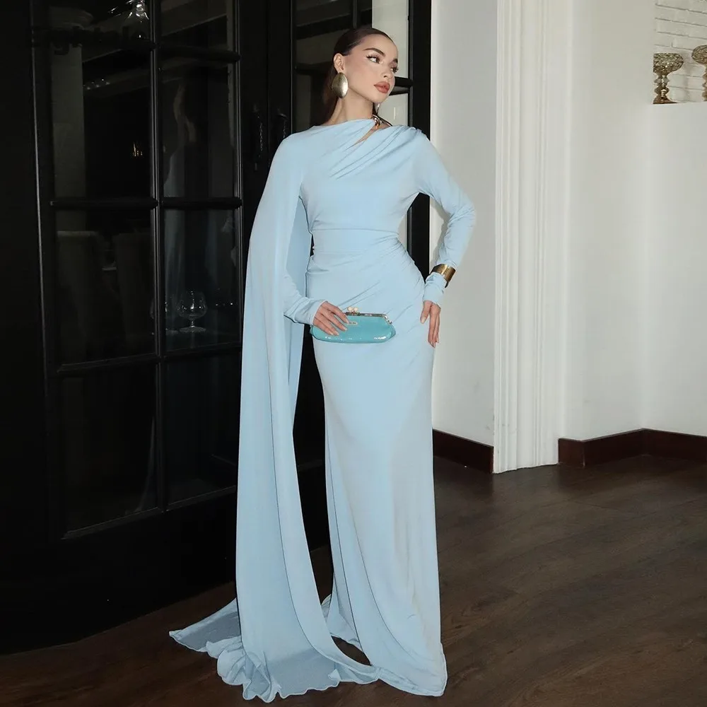 

Eightale Arabic Evening Dresses Halter Long Sleeves Light Blue Customized Mermaid Prom Party Gowns for Wedding