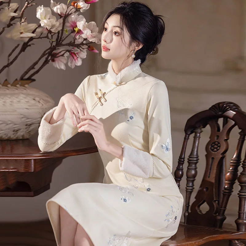 

Yourqipao зимнее утепленное Cheongsams на флисовой подкладке с длинными рукавами, элегантное модное вечернее платье Qipao в китайском стиле для женщин