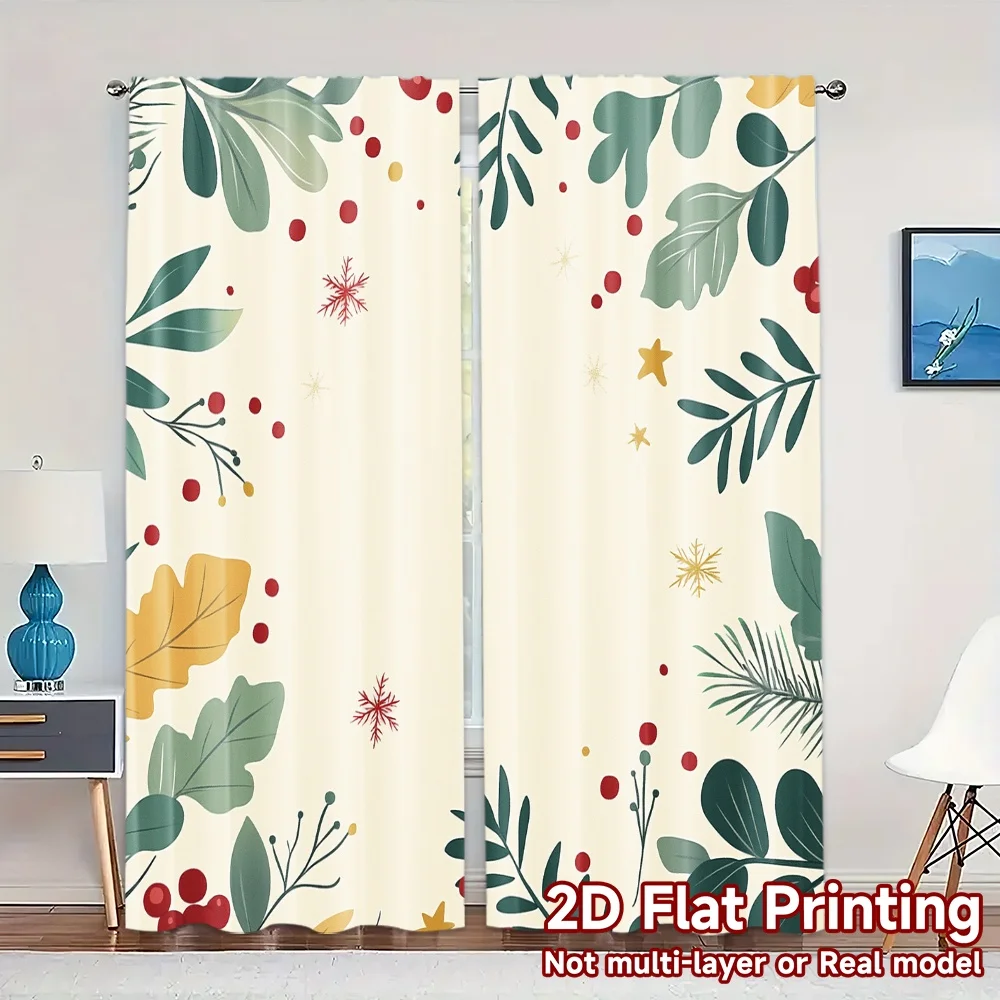 2pcs,Curtains Christmas Berries Greenery Stars Chic Fashionable Curtains Polyester Curtains Versatile All for Season Home Decor