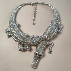 Costume Jewelry Silver Gold Color Metal Large Chunky Crystal Rhinestone Crocodile Alligator Choker Statement Necklace for Women