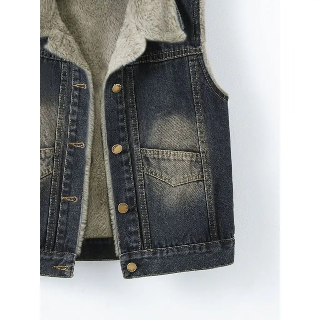 Spring/Fall Vintage Fleece-Lined Slimming Youthful Denim Vest For Women - Versatile Casual Waistcoat Top