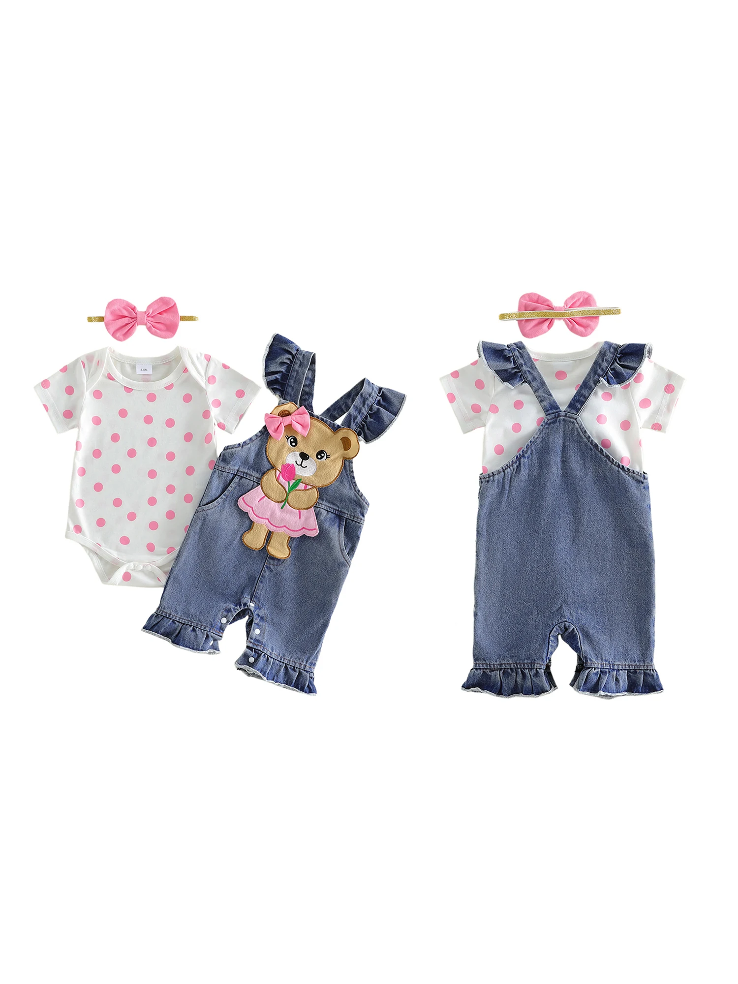 

Очаровательный летний комплект для маленьких девочек с комбинезоном с милым животным принтом, брюками-комбинезонами и подходящей повязкой на голову с бантом - комплект из 3 предметов