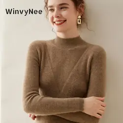 WinvyNee 2024 New Woman Knitted Cashmere Wool Sweaters Mock Neck Slim Fit High Stretch Solid Pullovers Jumper Tops A1054012B