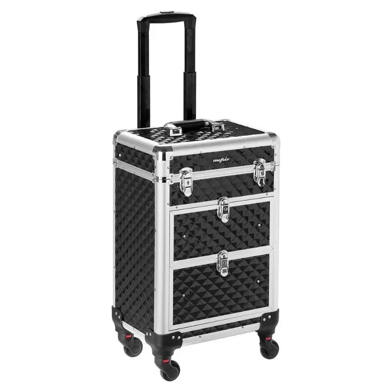 

mefeir Aluminum Rolling Makeup Train Case Travel Beauty Luggage Trolley Lockable w/4 Removable Wheels & 2 Sliding Drawers