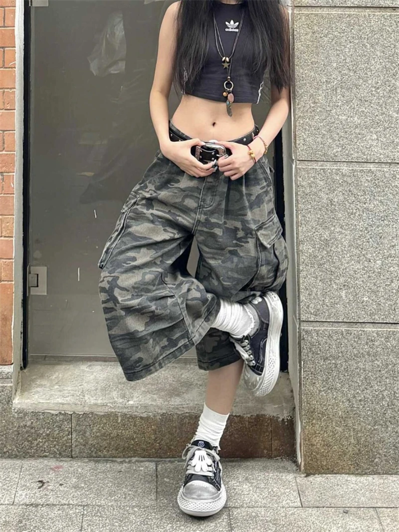 Women\'s Camouflage Cargo Jeans Harajuku Y2k Baggy Denim Trousers 90s Aesthetic Jean Pants Vintage 2000s Emo Trashy Clothes 2024