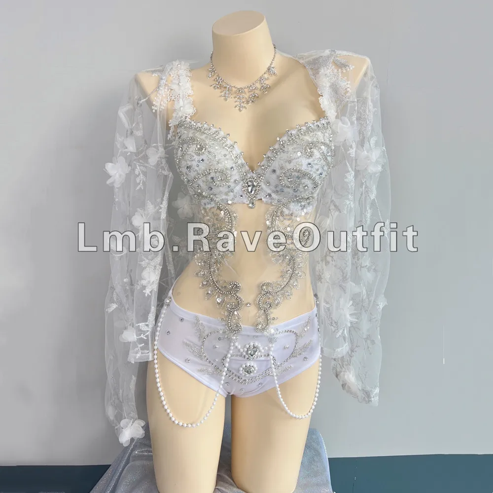 Luksusowy, błyszczący, diamentowy strój rave z elektrycznymi elementami, bikini, tiulowa spódniczka, strój dla tancerki, seksowny strój sceniczny, ubranie na urodziny.