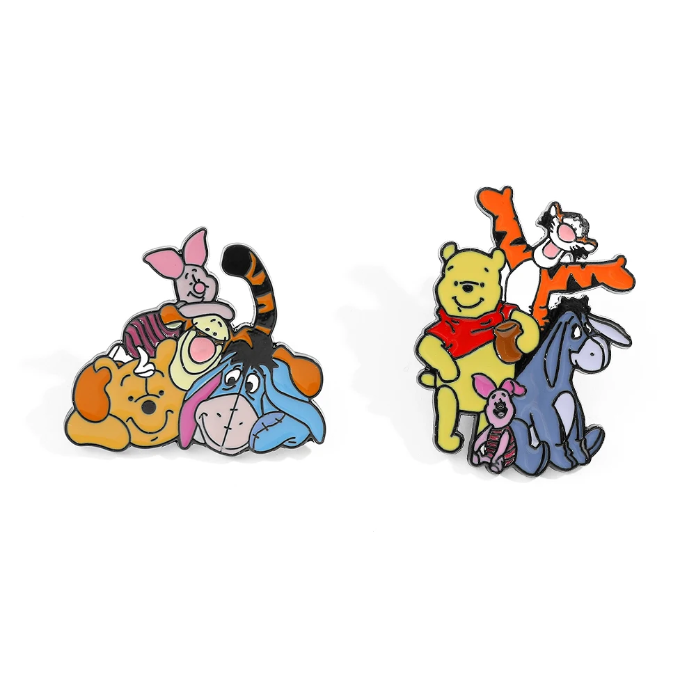 2 Pcs Cartoon Animal Brooch Cute Pooh Bear Eeyore Tigger Piglet Enamel Pin Metal Badge Jewelry Clothing Backpack Accessories