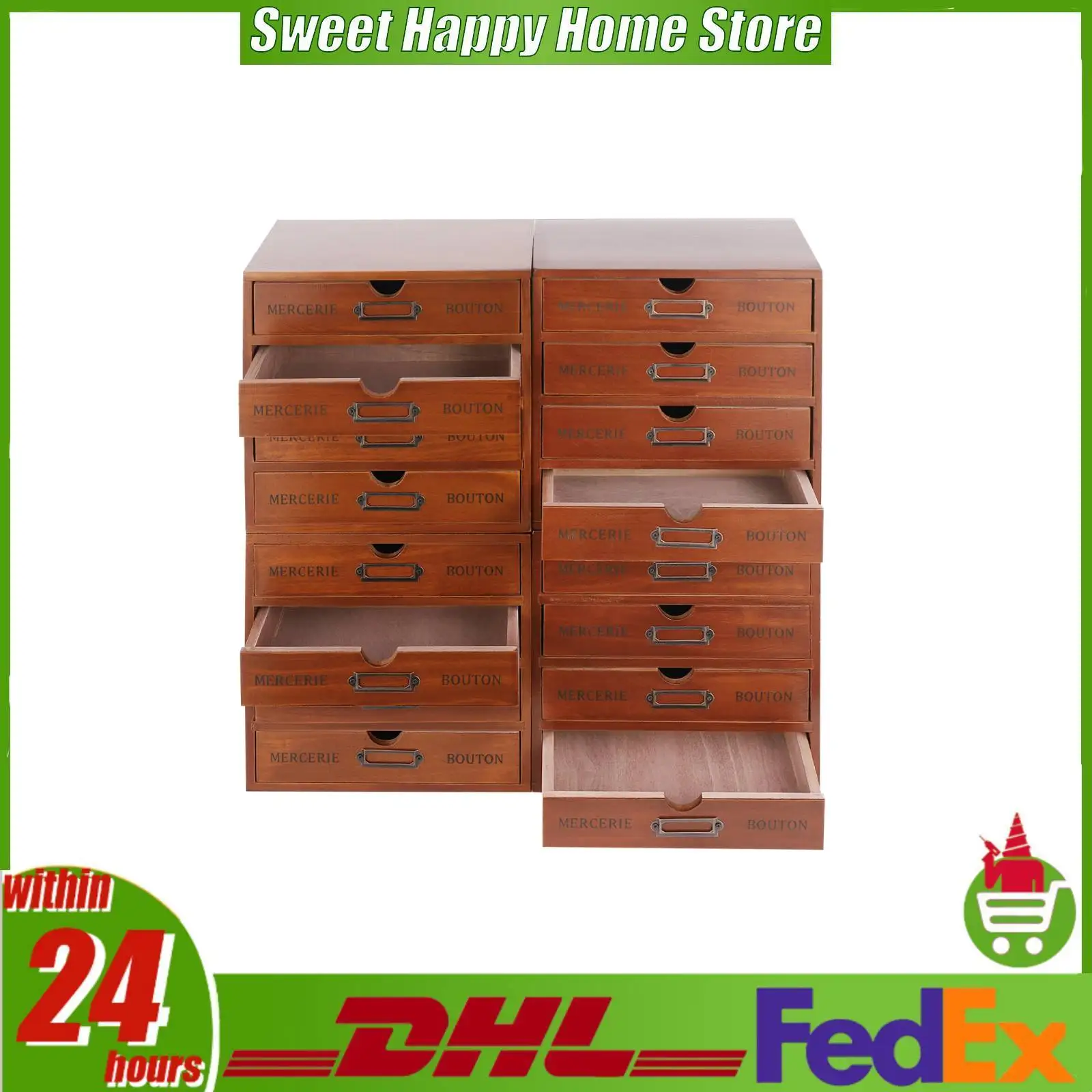 Wooden Drawer Organizer 4-Pack 16-Drawer Retro Desktop Storage Box with Label Holders for Cosmetics Jewelry Office
