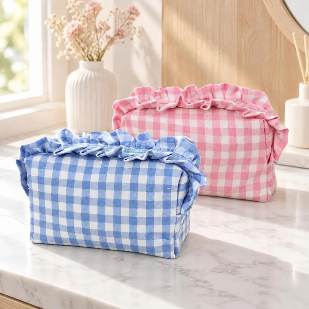 Small Ruffled Grids Makeup Pouch, Portable Cosmetic Organizer Bag, Lightweight Zippered Travel Storage Pouch for Toiletries