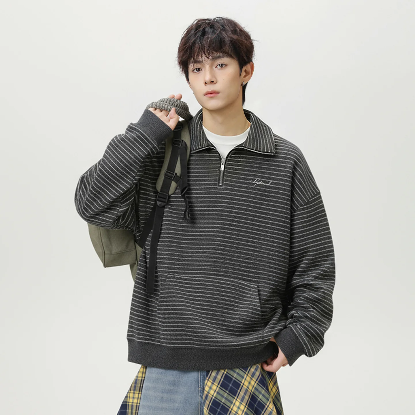Striped Half Zipper Stand Up Collar Sweatshirt for Men in Autumn and Winter, Heavyweight Texture Retro Pullover Warm Jacket