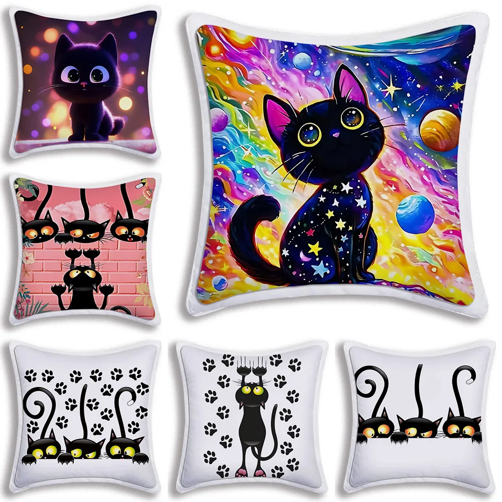 Three Funny Naughty black Cat Pillow Covers Cartoon Sofa Decorative Home Double-sided Printing Short Plush Cute Cushion Cover