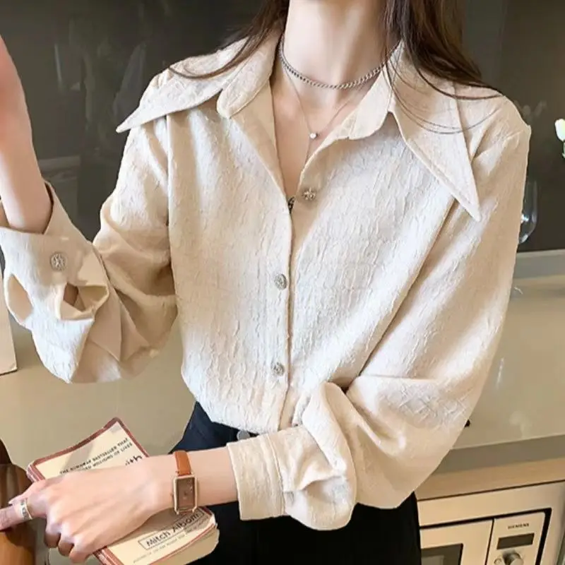 Large Pointed Collar Chiffon Shirt for Women\'s Spring Autumn New Loose Fitting Long Sleeved Versatile White Base Shirt Top