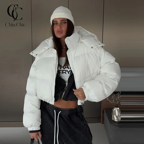 Women Cropped Puffer Jacket Detachable Hood Zip Up Loose Long Sleeve Bubble Coat Winter Casual Streetwear Short Padded Outerwear