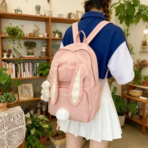 Mochila bonita con orejas de conejo para chicas adolescentes, mochila escolar Kawaii de gran capacidad, mochila informal de nailon para estudiantes