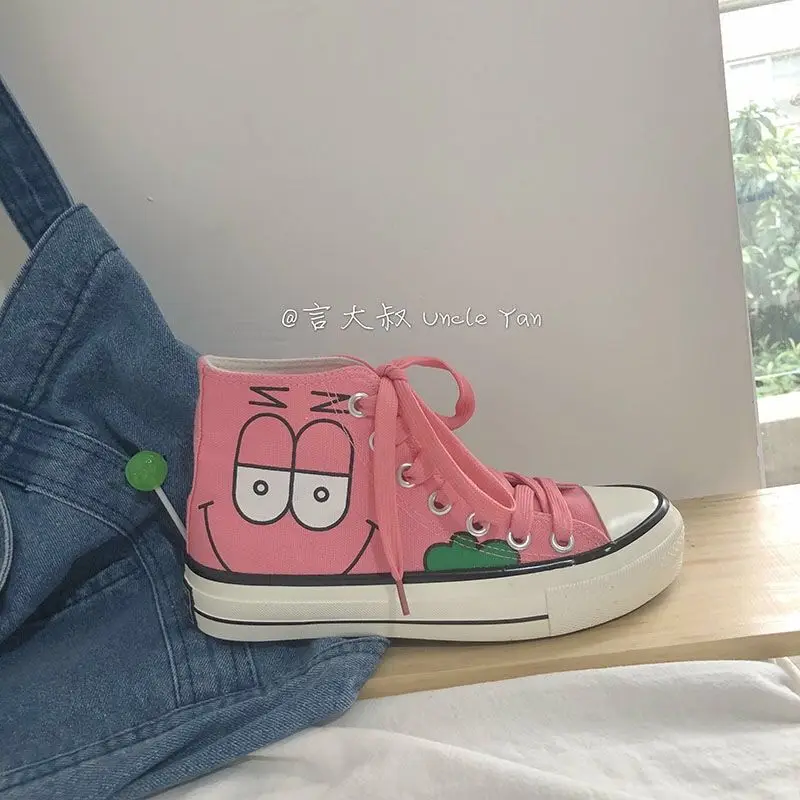 SpongeBob SquarePants plus size Hand Painted High Top Canvas For Women 2024 New Korean Versatile Student Board men shoes