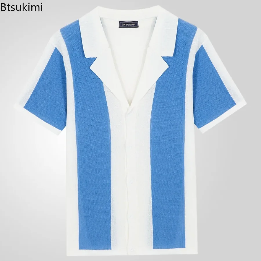 Luxury Men's Summer Knitted Jacquard Shirts Splice Contrast Color Buttoned Short Sleeve Cardigan Business Casual Polo Shirts New