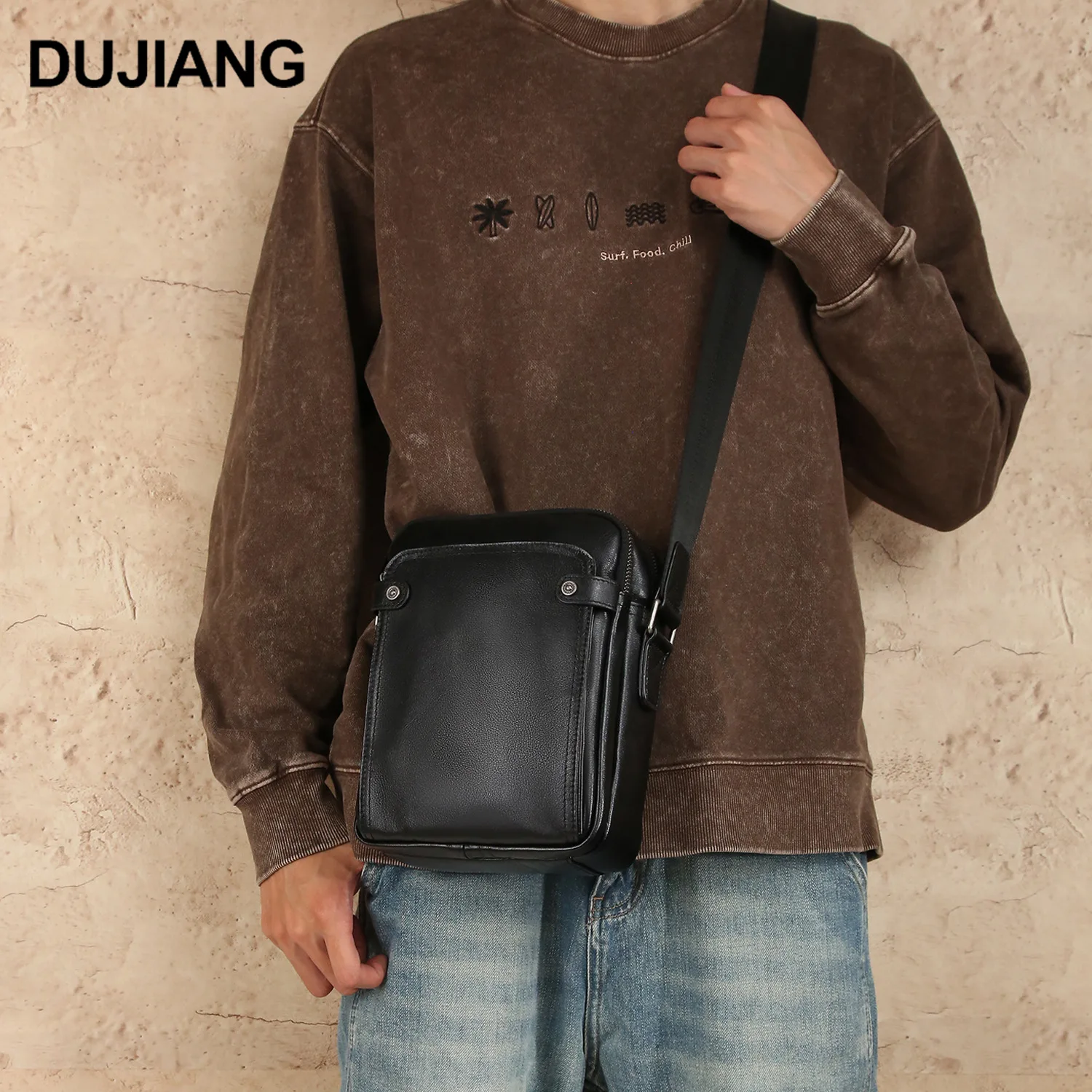 Men's genuine leather vertical square crossbody bag, large commuting pocket, large capacity, high-end travel single-shoulder bag