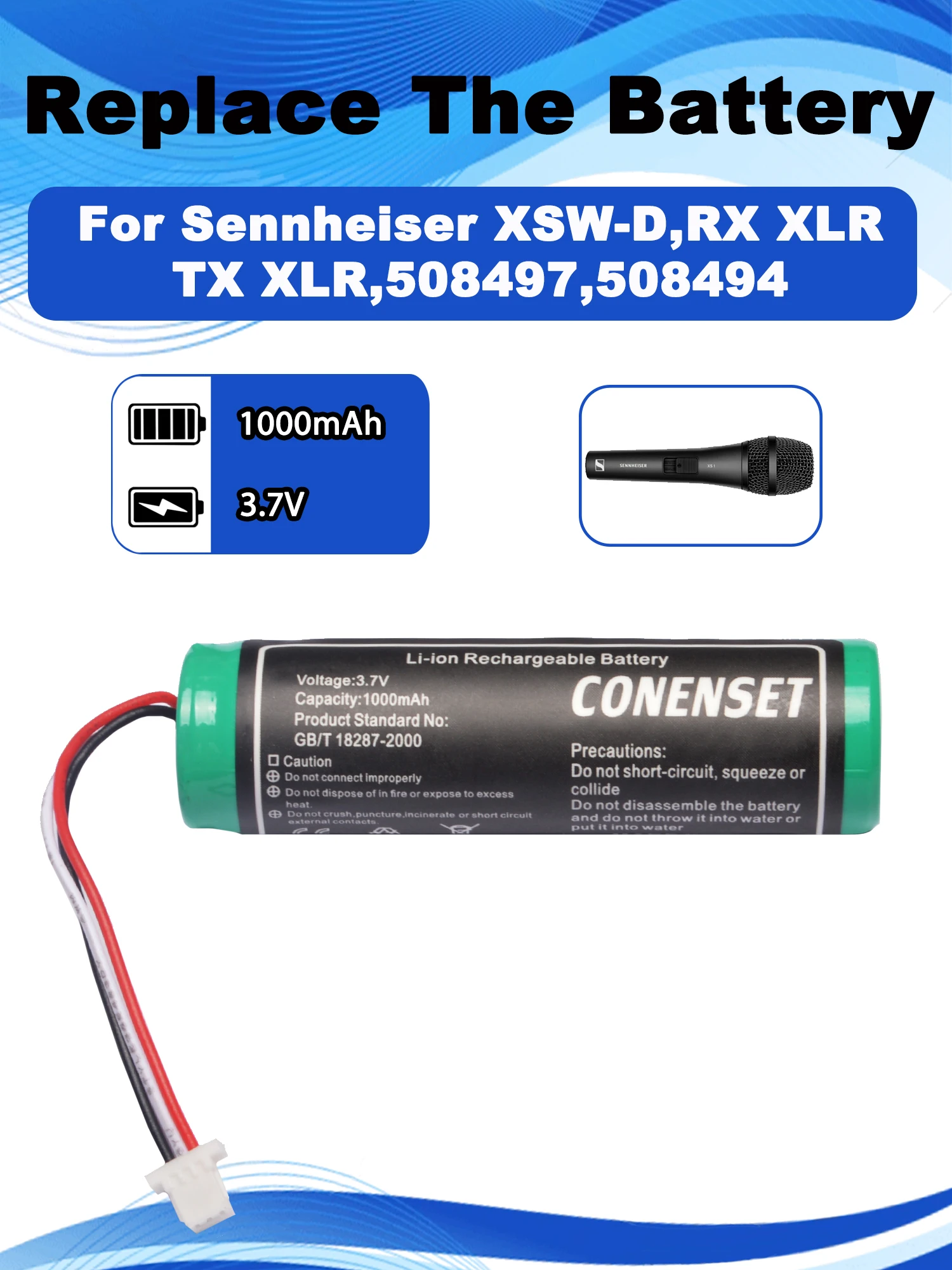 3.7V Replacement Battery For Sennheiser XSW-D,RX XLR,TX XLR,508497,508494 14500CY-850 1000mAh 3.70Wh Microphone